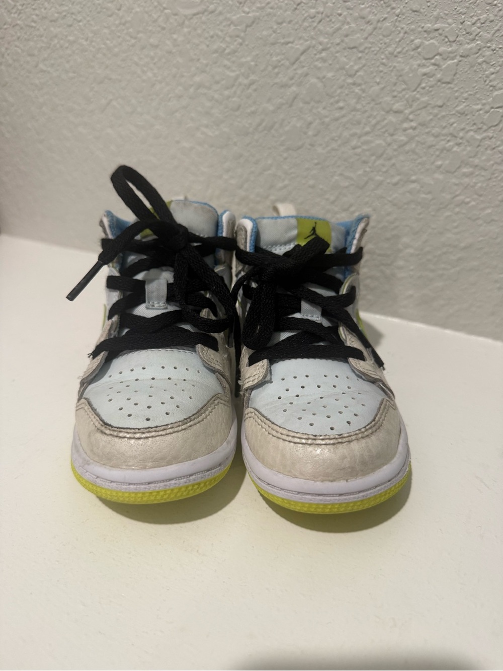 Jordan Kids White and Lime High-Top Sneakers with Black Laces